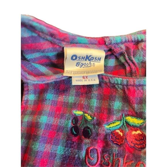 Vintage OshKosh B’gosh pink purple plaid checkered sleeveless dress cherries 6x - Picture 3 of 6